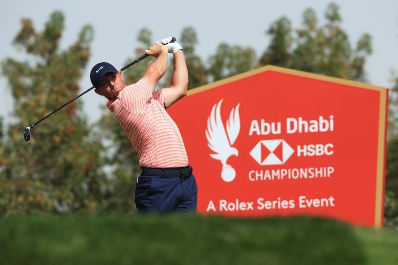 Rory McIlroy tees off on the 3rd hole during Day Three of the Abu Dhabi HSBC Championship. Getty Images