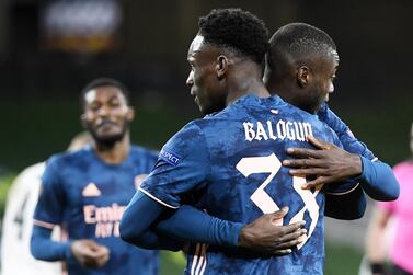 Arsenal's Folarin Balogun celebrates with Pepe after scoring during the Uefa Europa League against Dundalk. EPA