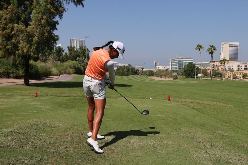 Celine Boutier of France plays her tee-shot on the 16th hole. Getty