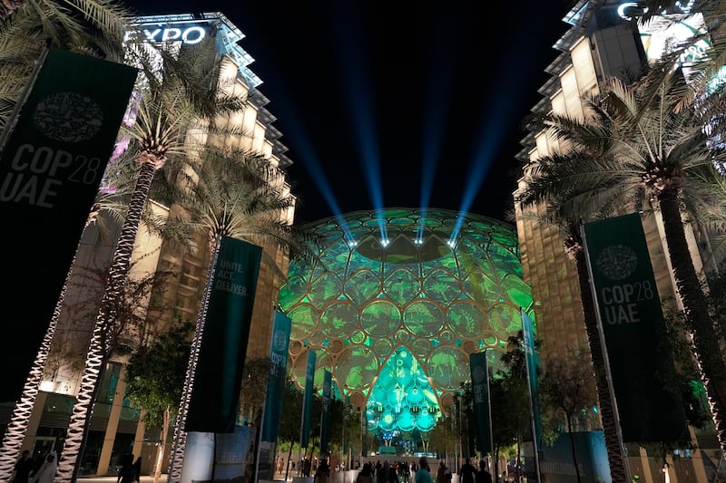 Lights shine from Al Wasl Dome at Expo City Dubai. AP