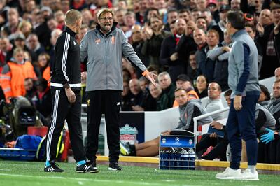 LIVERPOOL, ENGLAND - SEPTEMBER 13: Jurgen Klopp, Manager of Liverpool reacts during the UEFA Champions League group E match between Liverpool FC and Sevilla FC at Anfield on September 13, 2017 in Liverpool, United Kingdom.  (Photo by Stu Forster/Getty Images)