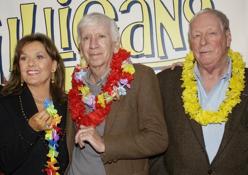 From left: Dawn Wells, Bob Denver and Russell Johnson, cast members of 'Gilligan's Island,' pose during a launch party for 'Gilligan's Island: The Complete First Season' on February 3, 2004 in Marina Del Rey, California. Reuters