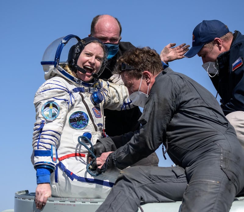 This handout photo released by NASA shows Expedition 64 NASA astronaut Kate Rubins is helped out of the Soyuz MS-17 spacecraft just minutes after she, and Roscosmos cosmonauts Sergey Kud-Sverchkov and Sergey Ryzhikov landed in a remote area near the town of Zhezkazgan, Kazakhstan on April 17, 2021. Two Russian cosmonauts and a NASA astronaut touched down Saturday April 17 on the steppe of Kazakhstan following a half-year mission on the International Space Station, footage broadcast by the Russian space agency showed.
Russia's Sergei Ryzhikov and Sergei Kud-Sverchkov as well as NASA's Kate Rubins landed on barren land at 0455 GMT around 150 kilometres (90 miles) southeast of the town of Zhezkazgan.
 - RESTRICTED TO EDITORIAL USE - MANDATORY CREDIT "AFP PHOTO / NASA / Bill INGALLS  " - NO MARKETING - NO ADVERTISING CAMPAIGNS - DISTRIBUTED AS A SERVICE TO CLIENTS
 / AFP / NASA / Bill INGALLS / RESTRICTED TO EDITORIAL USE - MANDATORY CREDIT "AFP PHOTO / NASA / Bill INGALLS  " - NO MARKETING - NO ADVERTISING CAMPAIGNS - DISTRIBUTED AS A SERVICE TO CLIENTS
