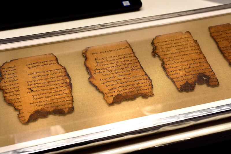 DENVER, CO - MARCH 6:  A detailed image of one of the Dead Sea Scrolls that will be on display as part of the upcoming Dead Sea Scrolls exhibit opening soon at the Denver Museum of Nature and Science on March 6, 2018 in Denver, Colorado. These rare scrolls are part of the upcoming Dead Sea Scrolls exhibit that opens March 16th. The exhibit is considered to be a once-in-a-lifetime opportunity to see authentic Dead Sea Scrolls.  This set is part of the Psalms fragments of the scrolls. They are written in Hebrew on parchment paper. They represent one of the 972 texts of the Dead Sea Scrolls.  The Dead Sea Scrolls are a record of laws, customs, and beliefs in the ancient Middle East, written in Hebrew, Aramaic, and Greek between 200 BCE and 70 CE. (Photo by Helen H. Richardson/The Denver Post via Getty Images)