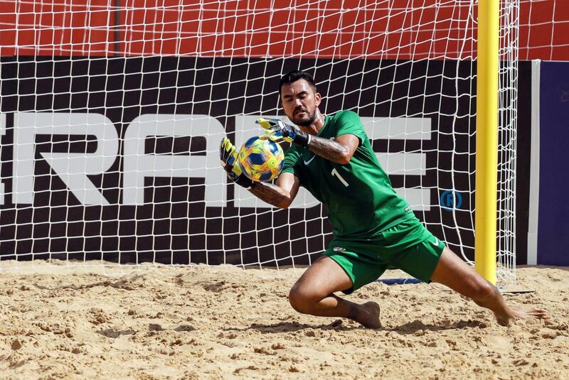 Tahiti goalkeeper Jonathan Torohia during a training session in Luque, Paraguay, ahead of the Beach Soccer World Cup. EPA