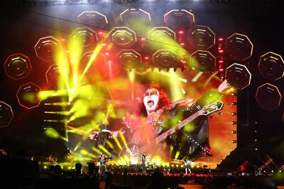 DUBAI, UNITED ARAB EMIRATES , December 31 – 2020 :- Members of the rock band Kiss performing during the New Year’s Eve at the Atlantis hotel on Palm Jumeirah in Dubai. ( Pawan Singh / The National ) For News/Standalone/Online/Instagram. Story by Saeed