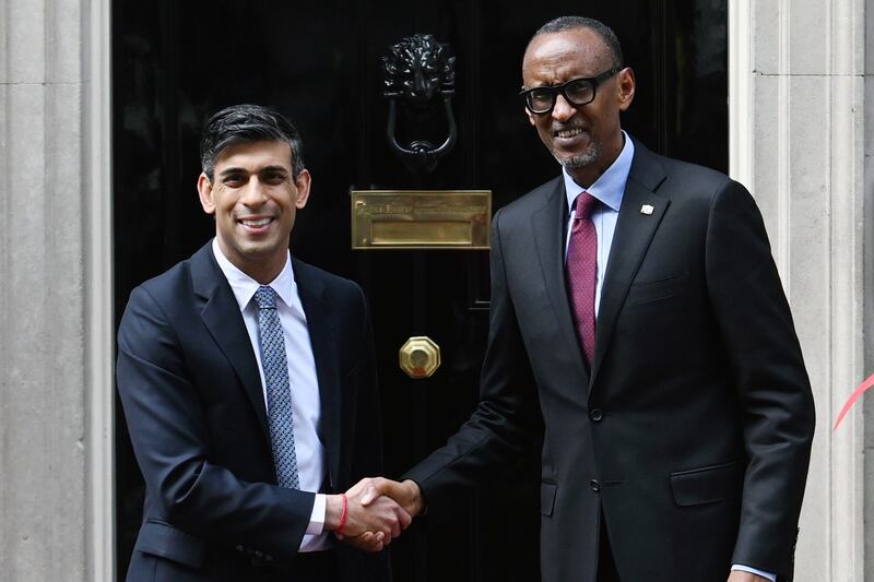 Rwandan President Paul Kagame meets British Prime Minister Rishi Sunak at Downing Street on May 4. Getty