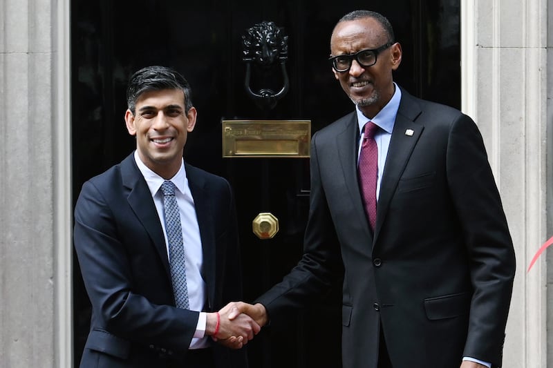 Rwandan President Paul Kagame meets British Prime Minister Rishi Sunak at Downing Street on May 4. Getty