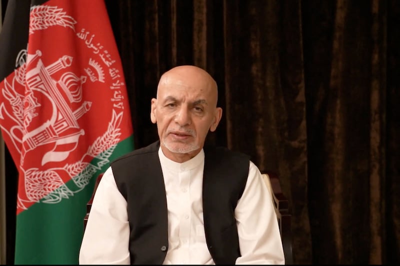 Afghanistan's former president Ashraf Ghani talks in video message, somewhere in the UAE, on August 18, 2021, in his first media appearance since the fall of Kabul only days earlier. Reuters