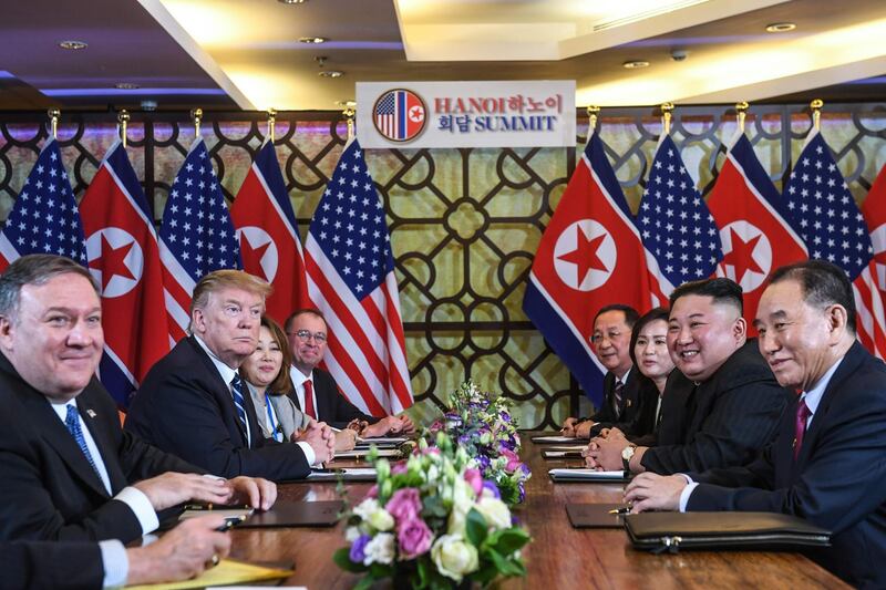 Donald Trump and Kim Jong Unhold a bilateral meeting during the second US-North Korea summit at the Sofitel Legend Metropole hotel in Hano. AFP