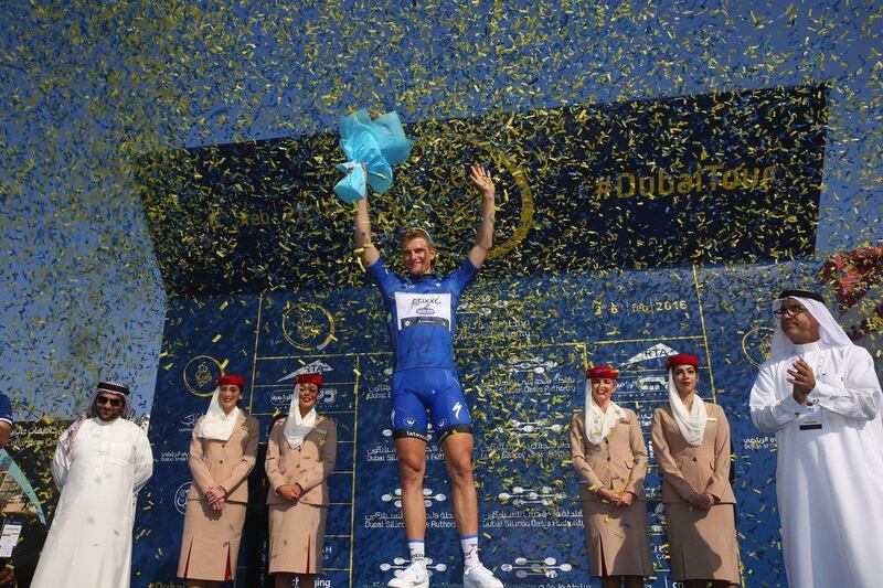 DUBAI, UNITED ARAB EMIRATES - FEBRUARY 03:  Marcel Kittel of Etixx Quick Step celebrates the stage victory during the Dubai Silicon Oasis Stage One of the Tour of Dubai on February 3, 2016 in Dubai, United Arab Emirates.  (Photo by Michael Steele/Getty Images)