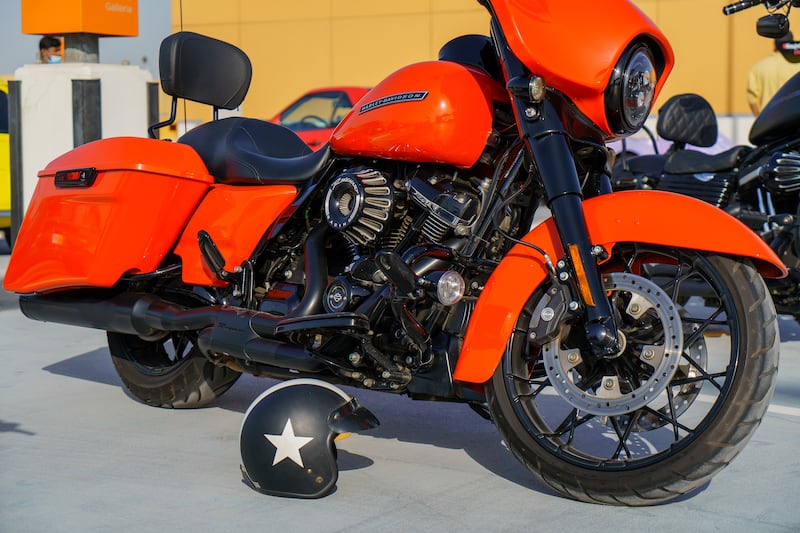 A modified Harley-Davidson motorcycle in fetching orange.