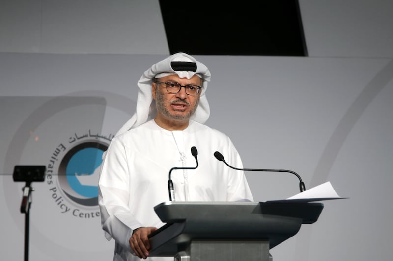 Abu Dhabi, UAE - November 12, 2017 - H.E. Dr. Anwar Gargash, Cabinet Member & Minister of State for Foreign Affairs delivers the Keynote Speech at the Fourth Abu Dhabi Strategic Debate  - Navin Khianey for The National