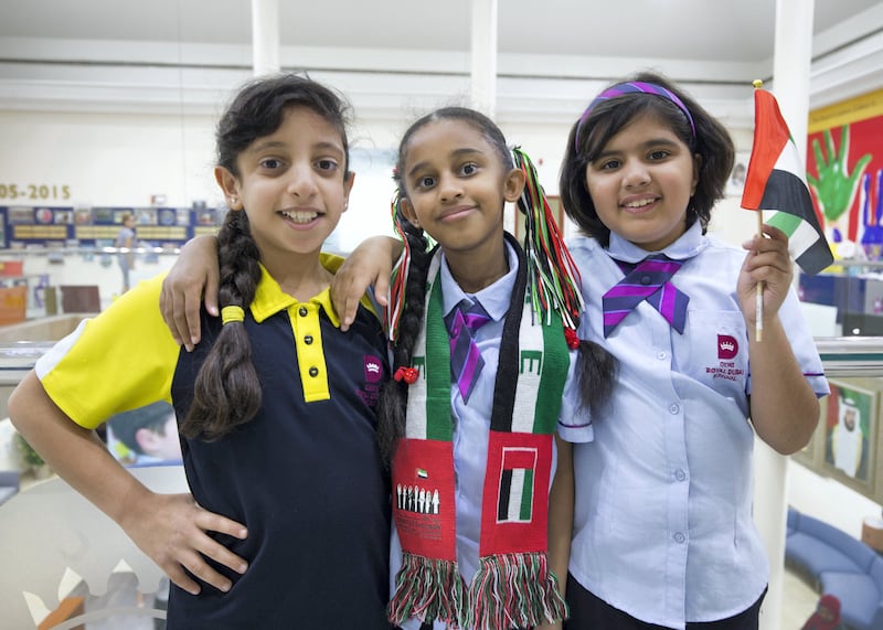 DUBAI, UNITED ARAB EMIRATES - Students from Gems Royal Dubai School speaking at UAE flag day.  Leslie Pableo for The National fro Anam Rizvi���s story