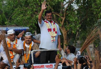 epa07540480 Aam Aadmi Party chief and Delhi Chief minister Arvind Kejriwal (C), waves towards supporters during an election campaign road show in New Delhi, India, 01 May 2019. Voting for the Parliamentary elections in Delhi will be held in a single phase on 12 May 2019. The parliamentary elections, which began on 11 April 2019, are to be conducted in seven phases throughout India and result will be announced on 23 May.  EPA/STR