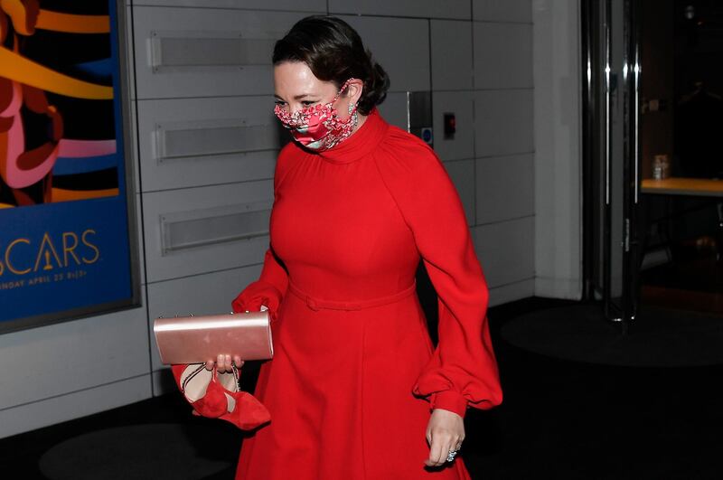Olivia Colman departs a screening of the Oscars in London, England. AP