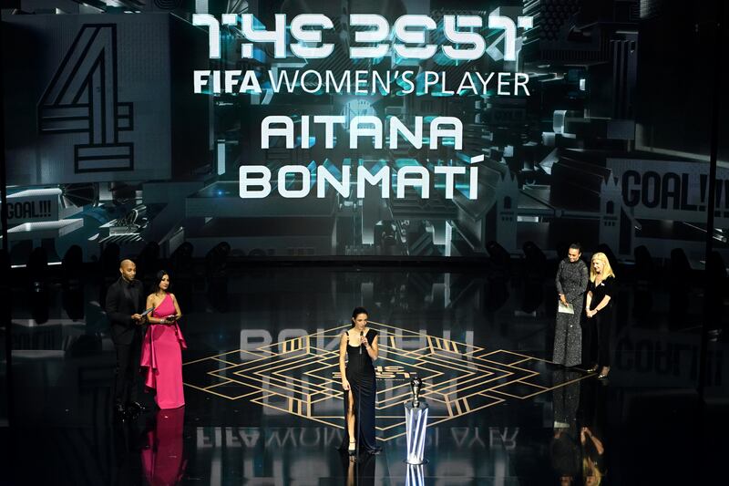 Fifa Best Women's Award winner Aitana Bonmati on stage to collect her trophy. Getty