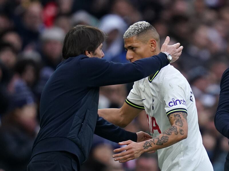 Tottenham manager Antonio Conte greets Richarlison as he is substituted. PA