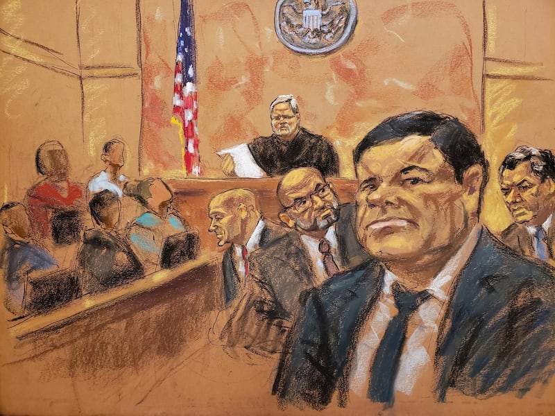 El Chapo is seen in a courtroom sketch on the day he was found guilty in New York. Reuters