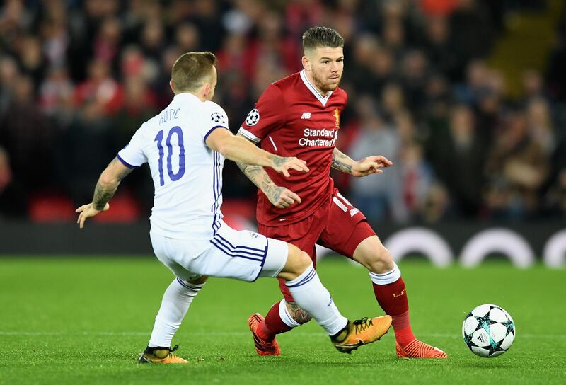 LIVERPOOL, ENGLAND - NOVEMBER 01: Alberto Moreno of Liverpool attempts to get past Dino Hotic of NK Maribor during the UEFA Champions League group E match between Liverpool FC and NK Maribor at Anfield on November 1, 2017 in Liverpool, United Kingdom.  (Photo by Michael Regan/Getty Images)