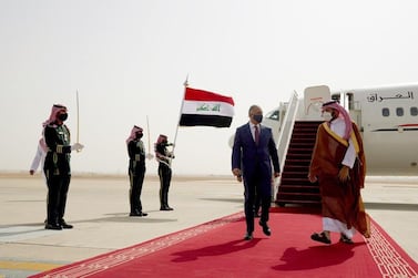 Saudi Crown Prince Mohammed bin Salman welcomes Iraqi Prime Minister Mustafa Al Kadhimi. Iraqi Prime Minister Media Office