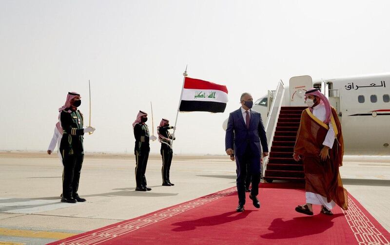 Saudi Crown Prince Mohammed bin Salman welcomes Iraqi Prime Minister Mustafa Al Kadhimi. Iraqi Prime Minister Media Office