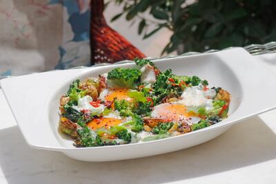 Shakespeare & Co’s European shakshuka with kale, broccoli, Brussels sprouts, beef bacon and coriander, served with mozzarella, fried eggs and sriracha