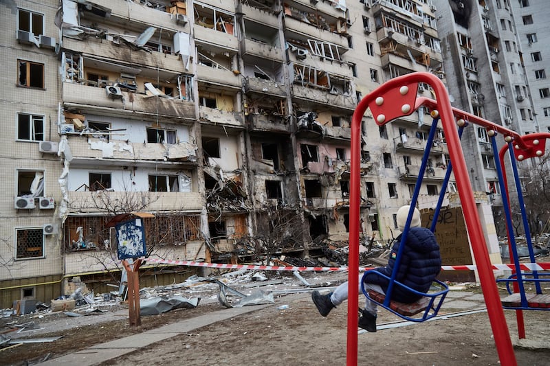 A residential building damaged by a missile strike in Kyiv in February 2022. Getty Images