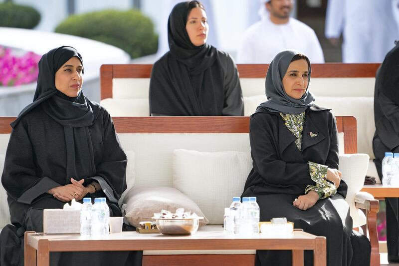ABU DHABI, UNITED ARAB EMIRATES - March 16, 2020: (L-R) HE Hessa Essa Buhumaid, UAE Minister of Community Development and HE Jameela Salem Al Muhairi, UAE Minister of State for Public Education Affairs, attend a Sea Palace barza which focused on the UAE’s Covid19 response.

( Mohamed Al Hammadi / Ministry of Presidential Affairs )
---