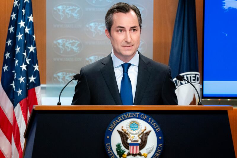 State Department spokesman Matthew Miller makes the announcement on Wednesday. AP
