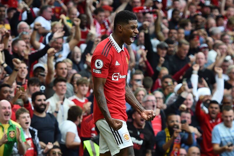 Marcus Rashford after scoring Manchester United's third in the 3-1 Premier League victory against Arsenal at Old Trafford on September 4, 2022. EPA