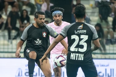 Ranbir Kapoor playing for All Stars at a game between Bollywood All Stars vs Emirates United at the Celebrity Football Cup Dubai 2022 at Shabab Al Ahli Stadium.  Ruel Pableo for The National