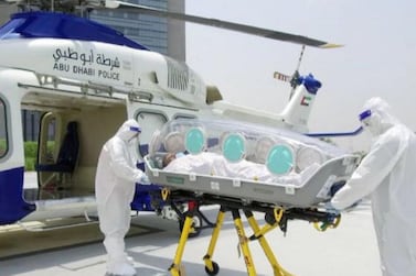 An isolation capsule launched by the air ambulance unit of the Abu Dhabi police to transport Covid-19 patients and others suffering from infectious diseases. Courtesy: Abu Dhabi Police