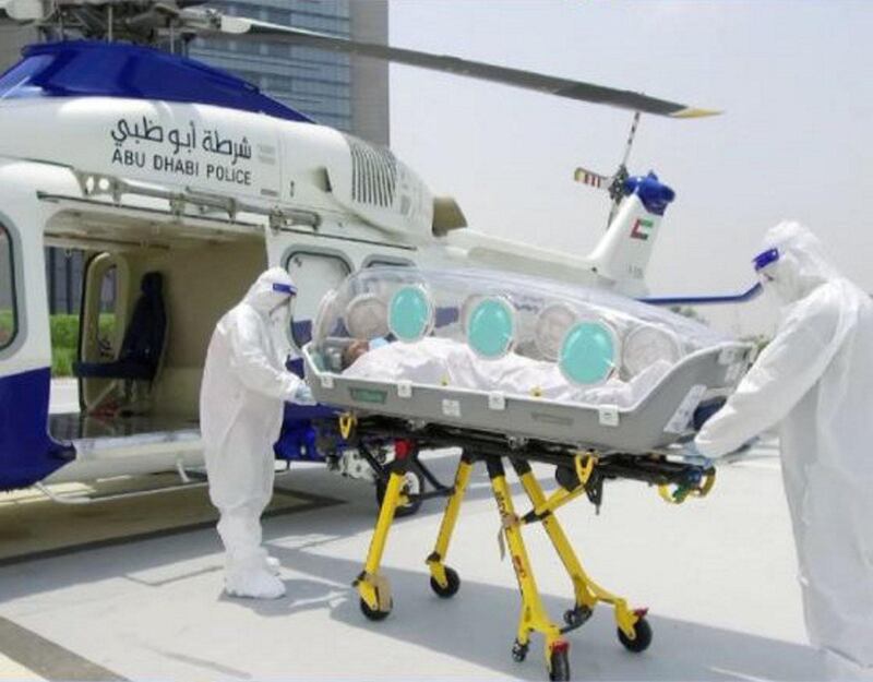 An isolation capsule launched by the air ambulance unit of the Abu Dhabi police to transport Covid-19 patients and others suffering from infectious diseases. Courtesy: Abu Dhabi Police