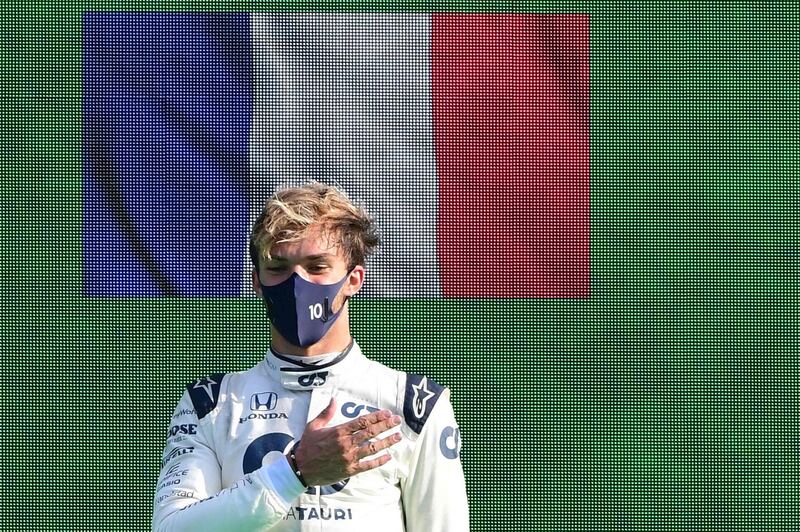 AlphaTauri's French driver Pierre Gasly celebrates on the podium after the Italian GP. AFP