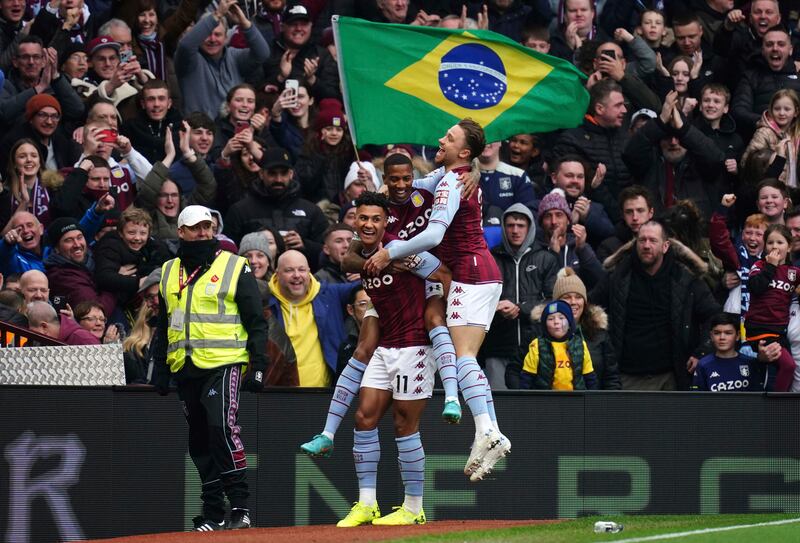 Aston Villa's Ollie Watkins, left, celebrates scoring against Southampton. AP
