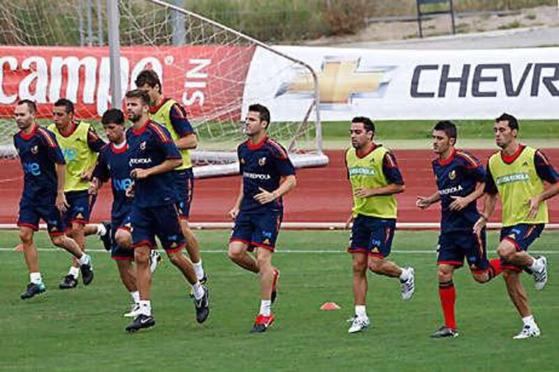 Spain's players training this week at the Rozas sports centre, near Madrid, in preparation for their European title defence, which starts tonight when they play Liechtenstein.