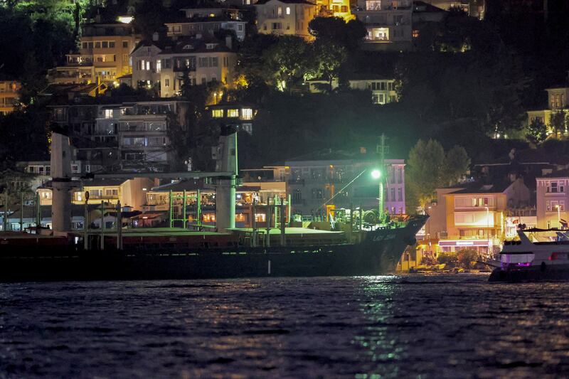 'Lady Zehma', a cargo ship carrying corn from Ukraine, is grounded and anchored after a rudder failure in the Bosphorus in Istanbul, Turkey, on Thursday.  Reuters