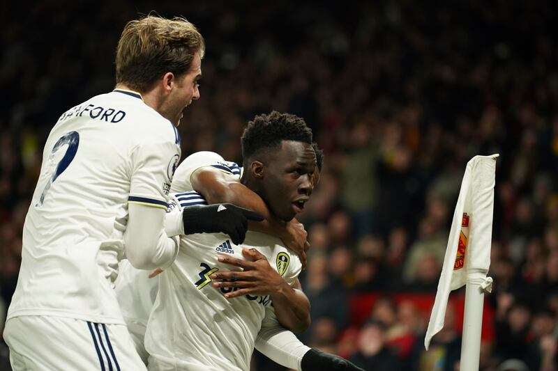 Leeds United's Wilfried Gnonto, right, celebrates after scoring the opening goal. AP