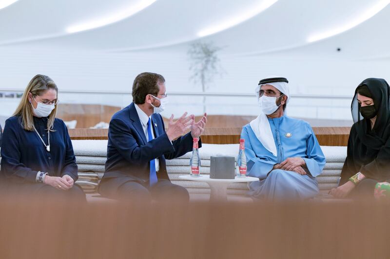 Sheikh Mohammed bin Rashid, Vice President and Ruler of Dubai, receives President Isaac Herzog at Expo 2020 Dubai on the second day of the Israel leader's visit to the UAE. Photo: Twitter