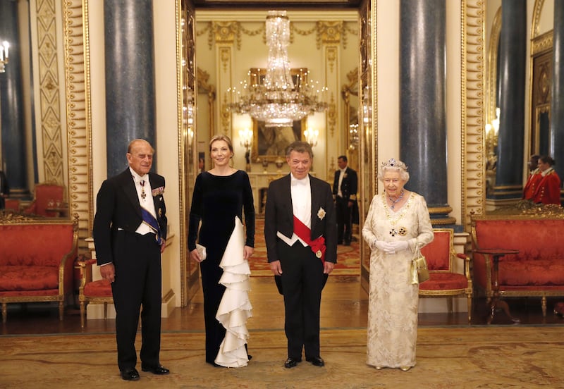 Queen Elizabeth II and Prince Philip pose with Colombia's President Juan Manuel Santos and his wife Maria Clemencia Rodriguez ahead of a state banquet at Buckingham Palace in November 2016. Getty Images