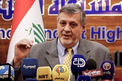 Jan Kubis, Special Representative and Head of the United Nations Assistance Mission in Iraq (UNAMI), gives a press conference at the Iraqi electoral commission headquarters in the holy city of Najaf on April 25, 2018, ahead of the upcoming Iraqi parliamentary elections. (Photo by Haidar HAMDANI / AFP)