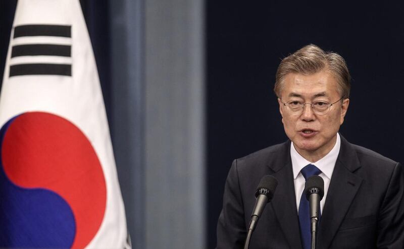 Moon Jae-in, South Korea's president, speaks during a news conference at the presidential Blue House in Seoul, South Korea. Yao Qilinn / Bloomberg