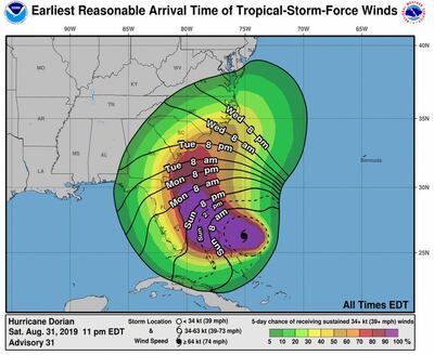 Hurricane Dorian will bring tropical storm-force winds to Florida. Courtesy National Oceanic and Atmospheric Administration