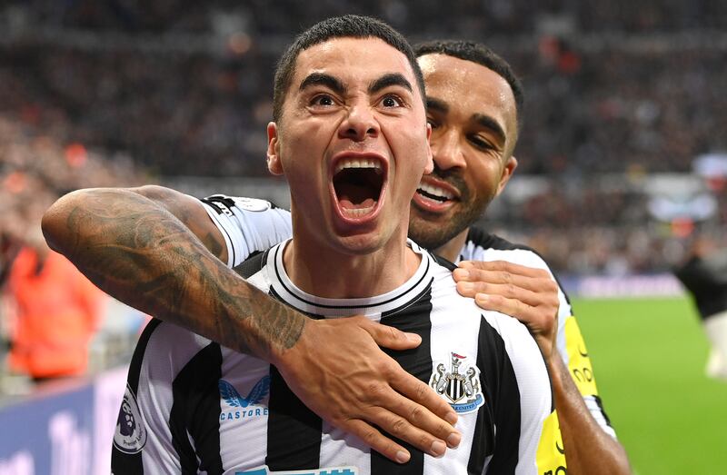 Miguel Almiron celebrates with Callum Wilson after scoring the fourth Newcastle goal in the 4-0 Premier League win against Aston Villa at St James Park on October 29, 2022. Getty