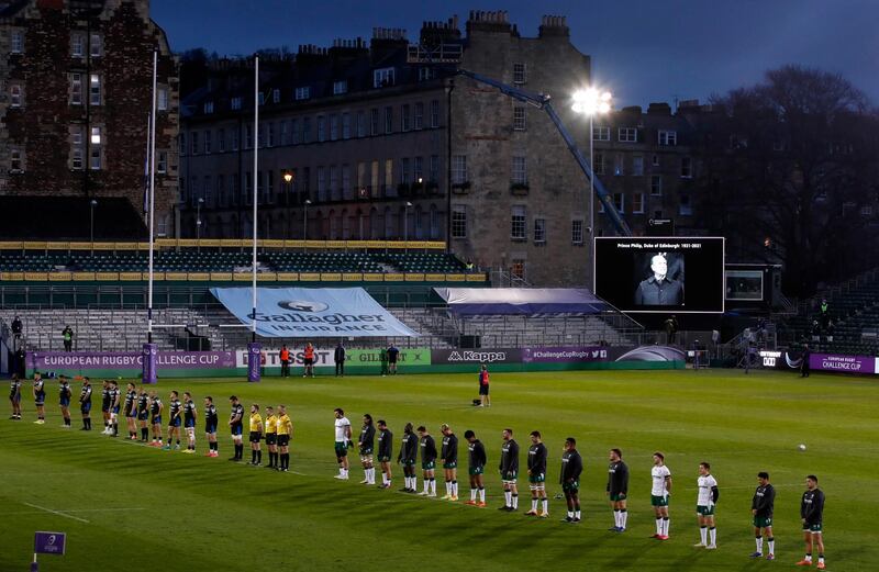 Rugby players observe a minute's silence in tribute to Prince Philip before the European Challenge Cup Quarter Final match between Bath Rugby and London Irish, in Bath, England. Reuters