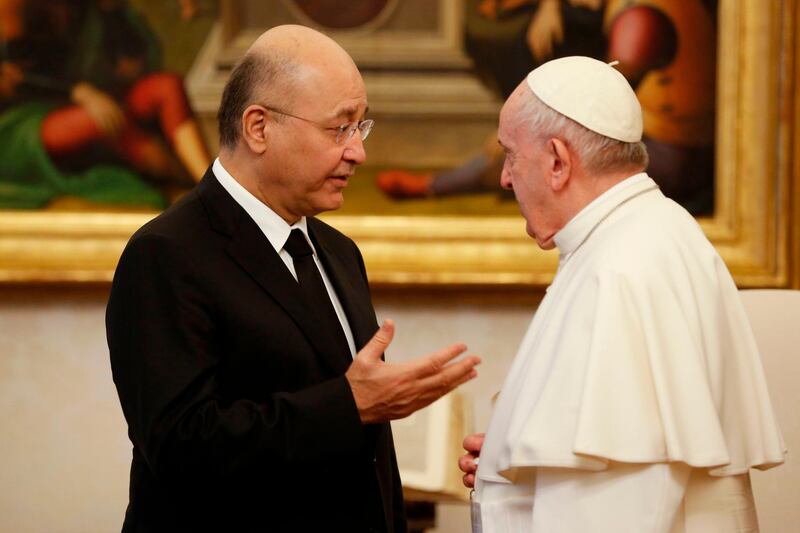 Pope Francis receiving the President of the Republic of Iraq Barham Salih during a private audience at the Vatican, 25 January 2020.  AFP