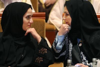ABU DHABI, UNITED ARAB EMIRATES - - -  March 7, 2016 --- FNC members Alya Al Jassim (left) and Azza bin Sulaiman chat while waiting for the start of the program to celebrate the 44th anniversary of the Federal National Council. The event was held at Emirates Palace on Monday, March 7, 2016, in Abu Dhabi.  ( DELORES JOHNSON / The National )  
ID: 75559
Reporter: Haneen
Section: NA *** Local Caption ***  DJ-070316-NA-FNC party-75559-005.jpg