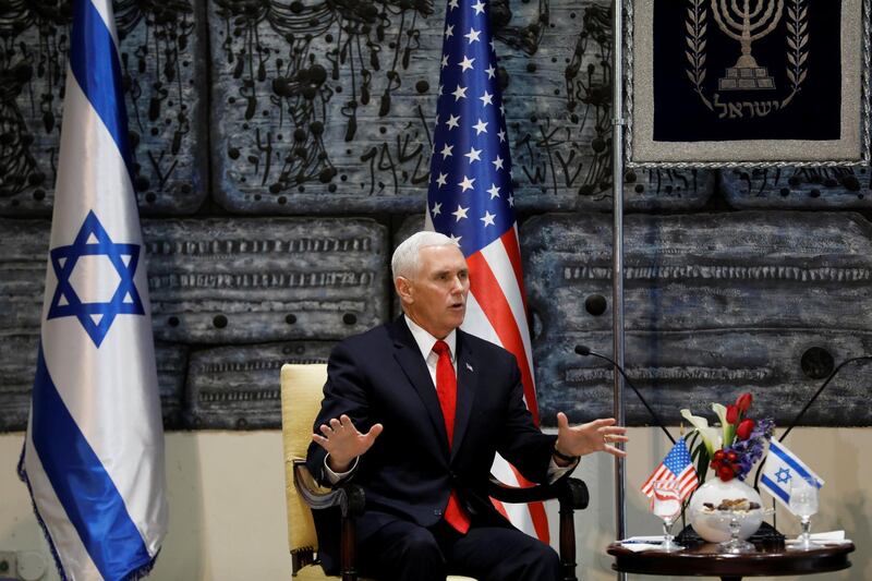 U.S. Vice President Mike Pence speaks during a meeting at Israeli President Reuven Rivlin's residence in Jerusalem January 23, 2018. REUTERS/Ronen Zvulun