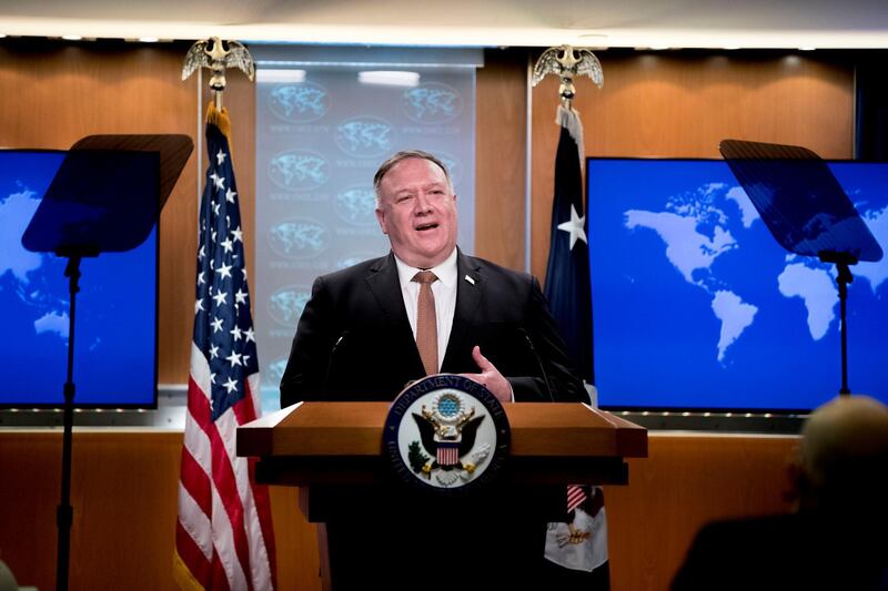 U.S. Secretary of State Mike Pompeo speaks during a news conference at the State Department in Washington, D.C., U.S.,  July 15, 2020. Andrew Harnik/Pool via REUTERS